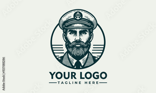 A bearded captains head wearing uniform is in a circular vector logo design Bearded captain in uniform circle design suitable for nautical themes, marine industry branding, captains day celebration, photo