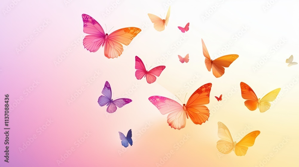 Multiple cute butterfly silhouettes in intricate and simplified styles scattered across a gradient background. Multiple cute butterfly silhouettes in intricate and simplified styles scattered across a gradient background.