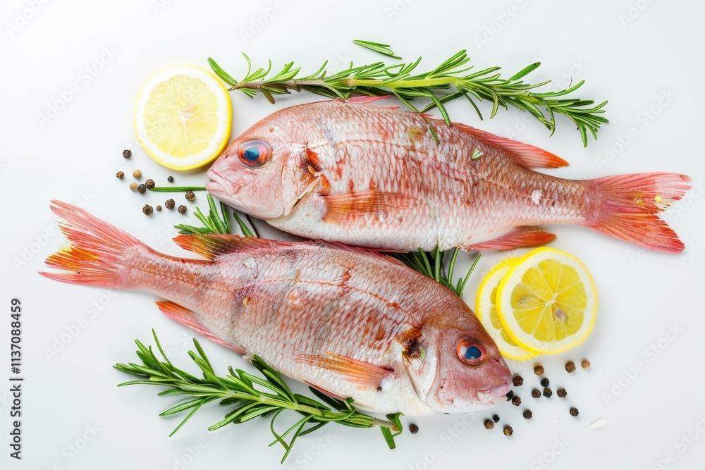 Fresh fish with herbs and lemon Red tilapia fish isolated on white background Fresh fish with herbs and lemon Red tilapia fish isolated on white background