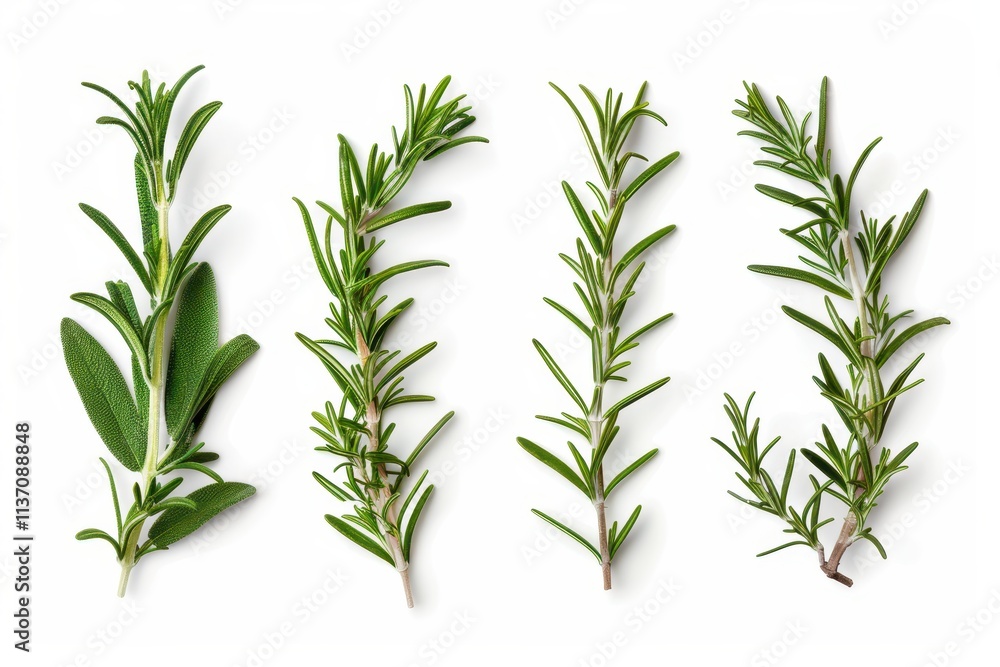Fototapeta premium Fresh organic rosemary and pepper isolated on white background with transparent shadow Ingredients for cooking design collection