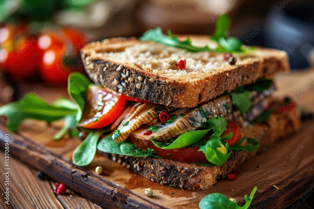 Sandwich with pate and sprats Sprat pate with spinach and pepper Danish cuisine Food recipe Close up shot Sandwich with pate and sprats Sprat pate with spinach and pepper Danish cuisine Food recipe Close up shot