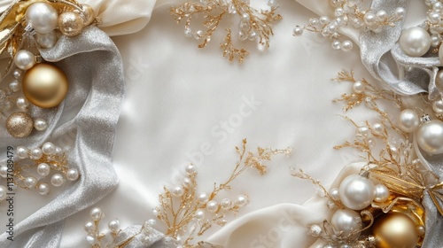Elegant Christmas ornaments in gold and pearl white arranged on a cream satin background.