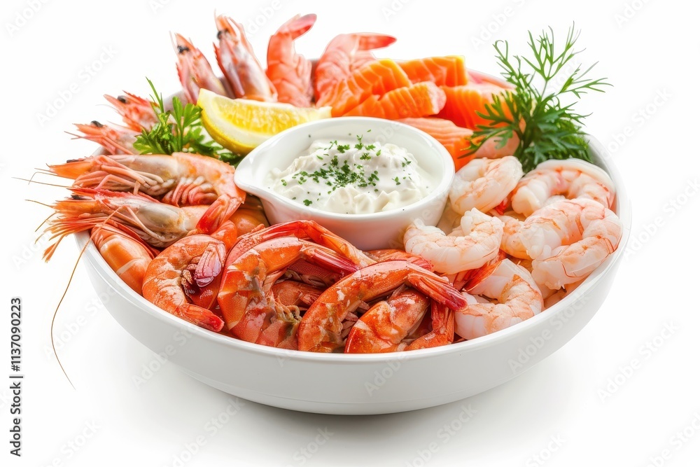 Seafood dip with shrimp lobster and salmon on white background Seafood dip with shrimp lobster and salmon on white background