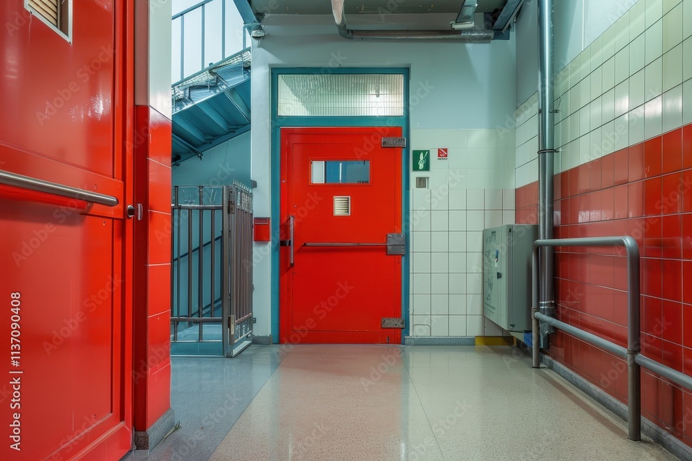 Security door and fire protection system in store gate doorway and guard post Steel doors and flooring in warehouse Security door and fire protection system in store gate doorway and guard post Steel doors and flooring in warehouse