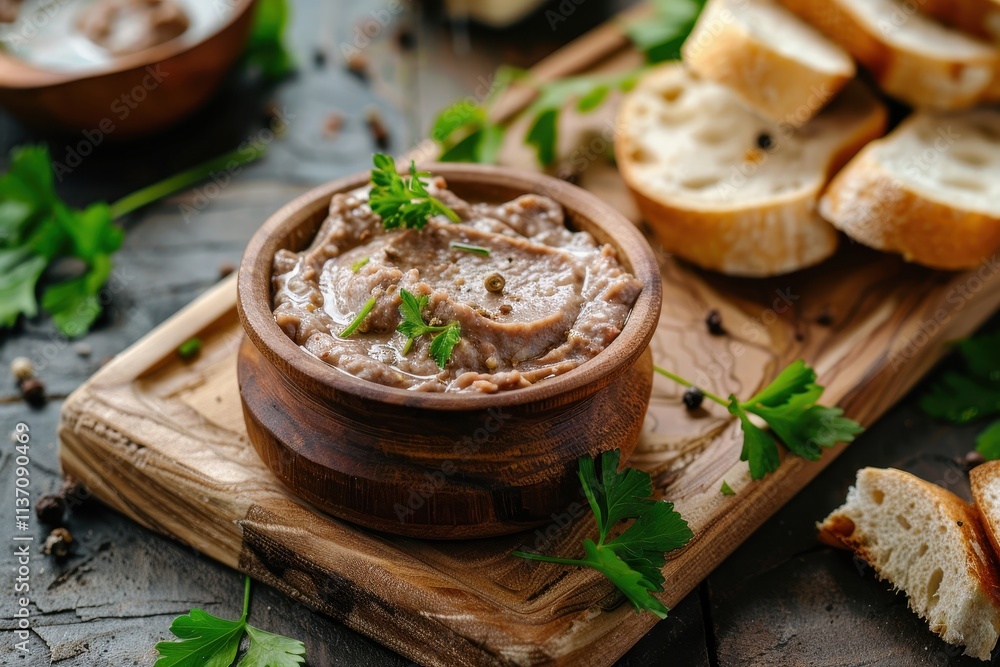 Selective focus on jar and bread with chicken liver pate Selective focus on jar and bread with chicken liver pate