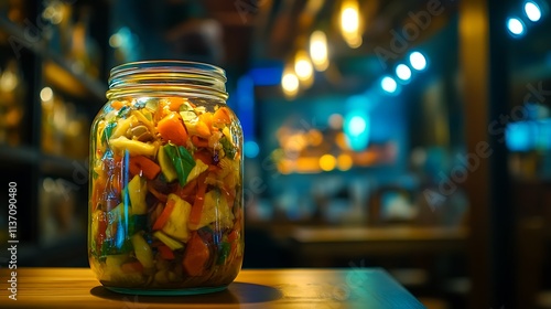 A glass jar filled with colorful pickled vegetables