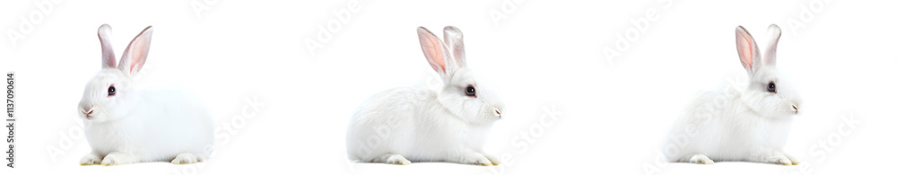 Collection of three white rabbits in portrait and sitting views, isolated on a white background perfect for pet and wildlife themes. Collection of three white rabbits in portrait and sitting views, isolated on a white background perfect for pet and wildlife themes.