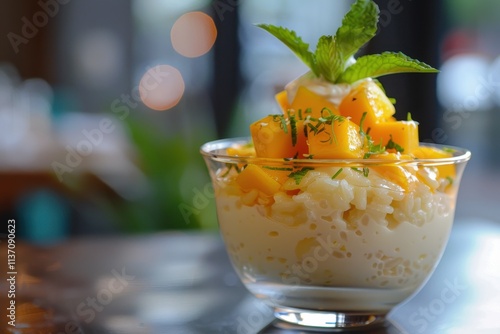 Shallow depth of field mango lime and coconut rice pudding photo