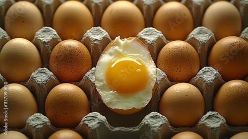 large wooden tray holds numerous whole eggs arranged in neat rows. In center broken egg showcases its vibrant yolk and white contrasting beautifully intact eggs surrounding it. photo