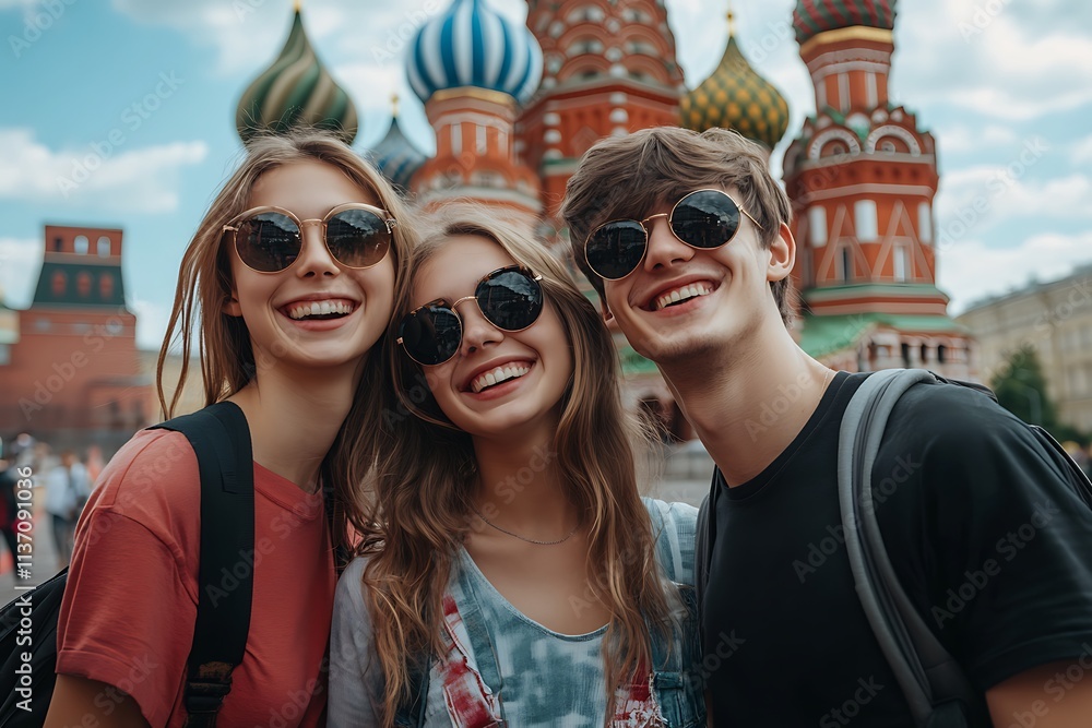 Happy young tourists in sunglasses smiling at red square, moscow, with saint basil's cathedral in the background during their summer vacation Happy young tourists in sunglasses smiling at red square, moscow, with saint basil's cathedral in the background during their summer vacation