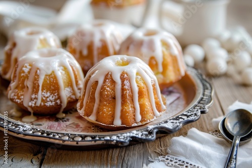 Small iced bundt cakes with frosting served with a tray and spoon photo