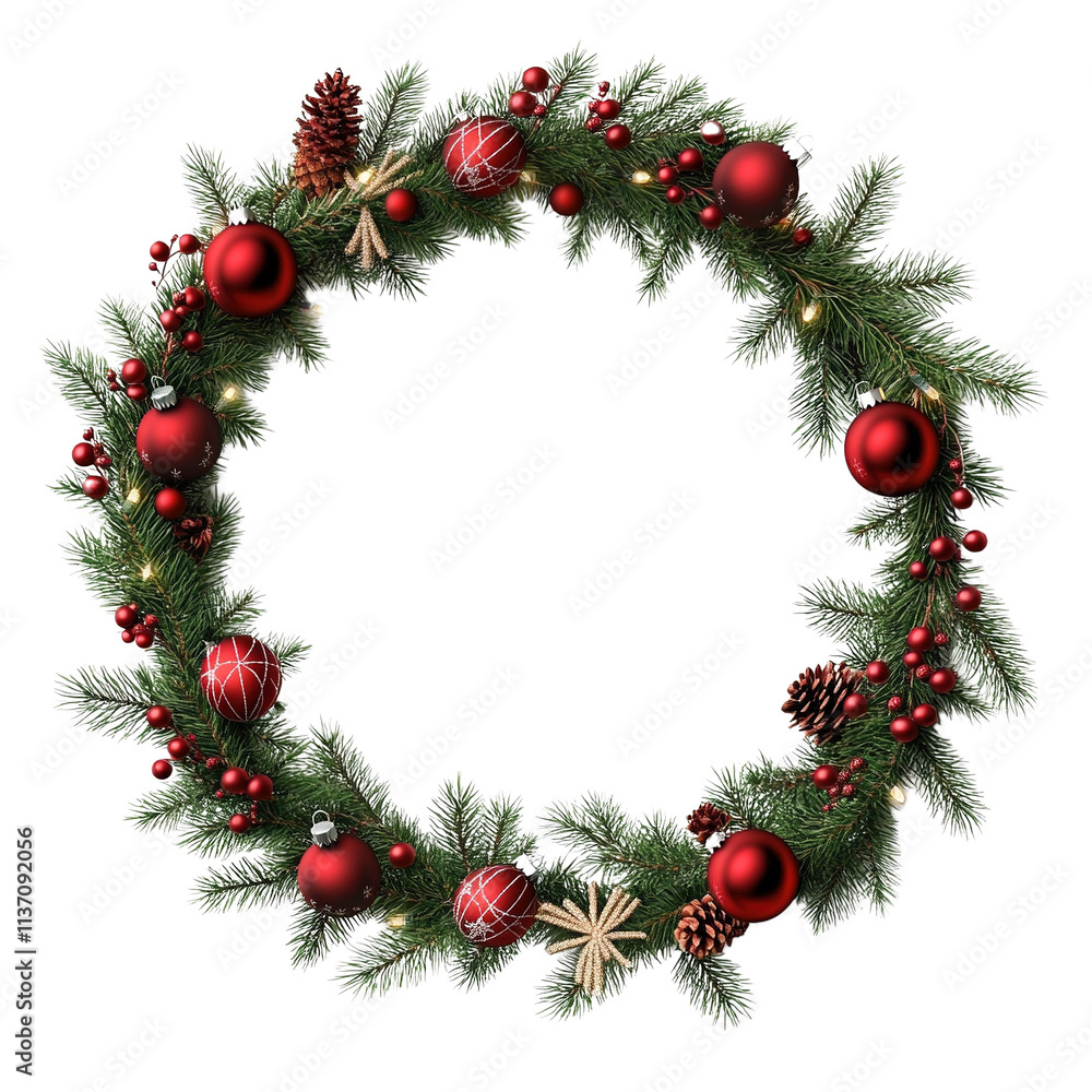 Festive Christmas Wreath with Red Baubles and Pine Cones Festive Christmas Wreath with Red Baubles and Pine Cones