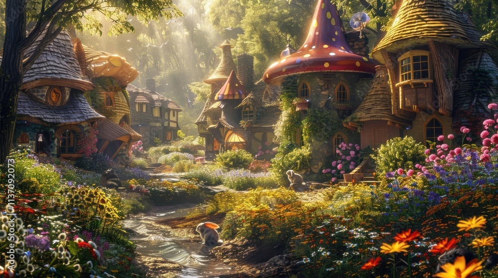 Fototapeta premium A fantasy village with houses shaped like mushrooms. Generative AI