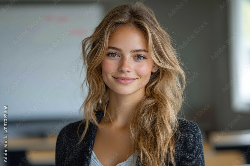 A woman with long blonde hair is smiling at the camera. Generative AI A woman with long blonde hair is smiling at the camera. Generative AI