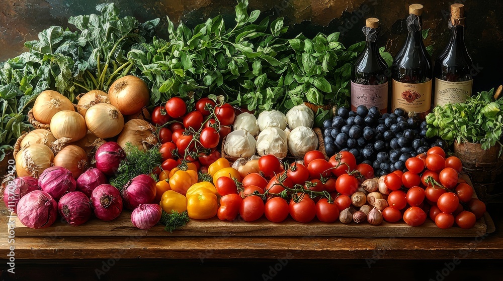 Rustic table with vegetables, fruits, and herbs Rustic table with vegetables, fruits, and herbs