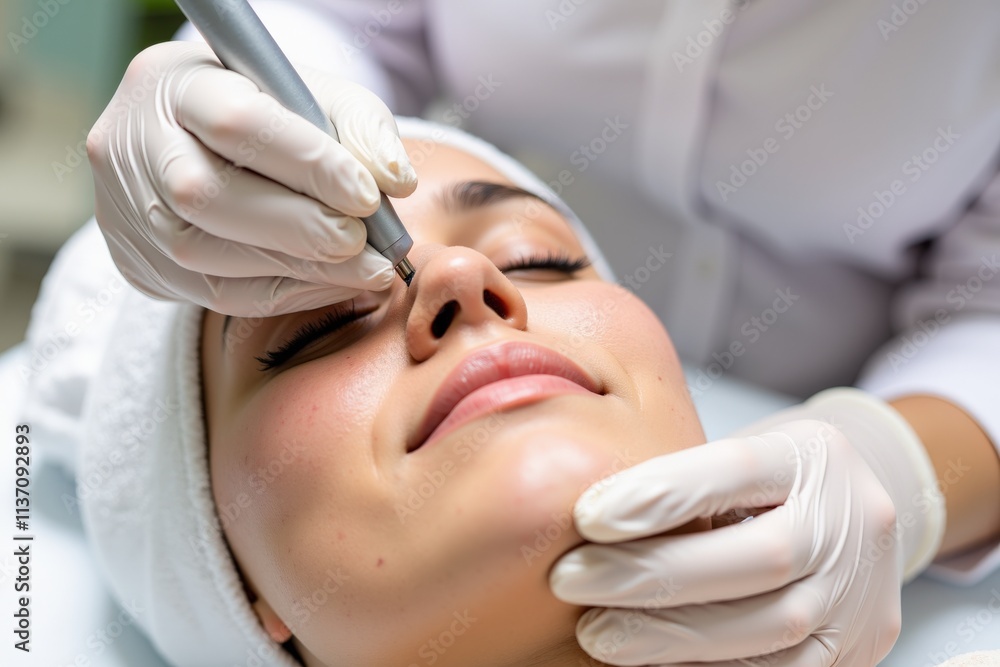 Professional Aesthetician Performing Precision Eyebrow Microblading Procedure on Client in Clean, White Clinic Environment Professional Aesthetician Performing Precision Eyebrow Microblading Procedure on Client in Clean, White Clinic Environment