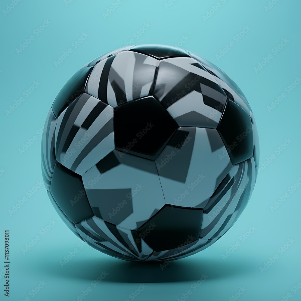 Naklejka premium Shiny metallic soccer ball with reflective black and gray panels, concept for sports equipment, athletic event promotion and team branding