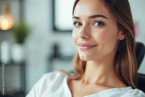 Free Download Beautiful young woman smiling confidently in a modern office setting, perfect for marketing, advertising, and motivational content. - GFXLoad