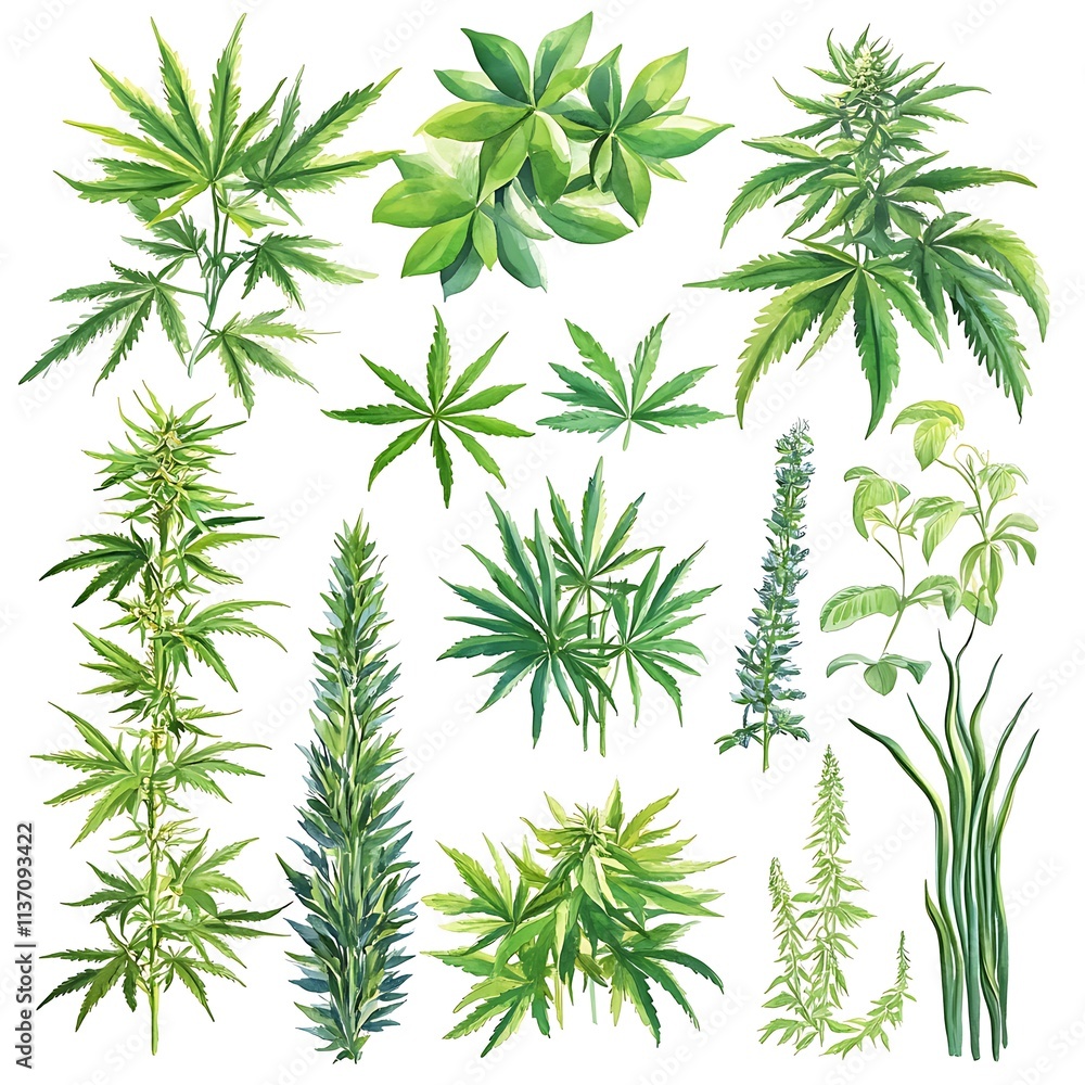A Collection of Watercolor Paintings of Various Cannabis and Herbal Plants. A Collection of Watercolor Paintings of Various Cannabis and Herbal Plants.