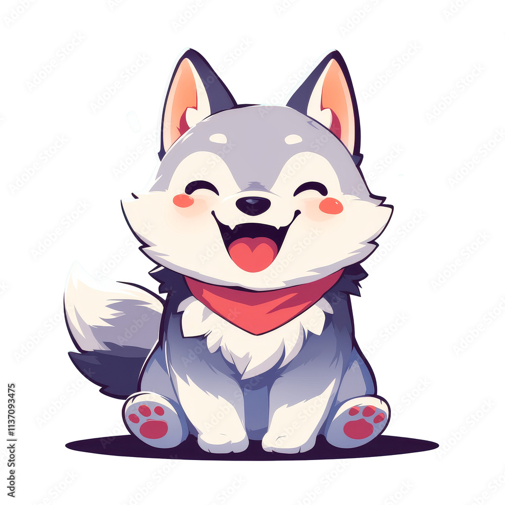 Smiling wolf cub with red scarf sitting. Smiling wolf cub with red scarf sitting.