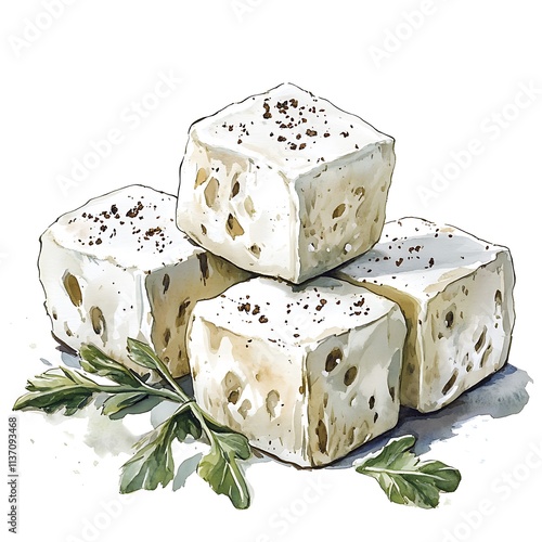 Watercolor painting of four cubes of feta cheese with herbs.