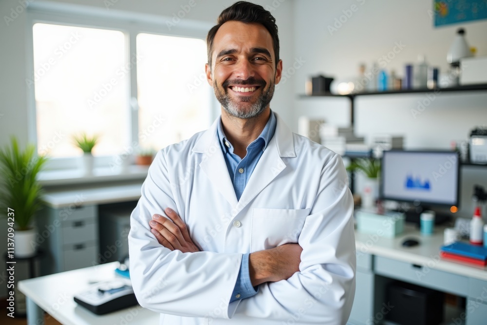 Confident Scientist in Lab Coat Smiling in Modern Laboratory Office Setting, Perfect for Medical or Science Themed Websites and Promotions Confident Scientist in Lab Coat Smiling in Modern Laboratory Office Setting, Perfect for Medical or Science Themed Websites and Promotions