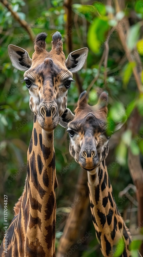 Two Giraffes Grazing in a Lush Green Forest Close-Up Two Giraffes Grazing in a Lush Green Forest Close-Up