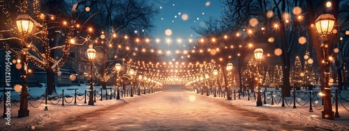 Snowy Pathway Illuminated by Festive String Lights and Ornate Lampposts