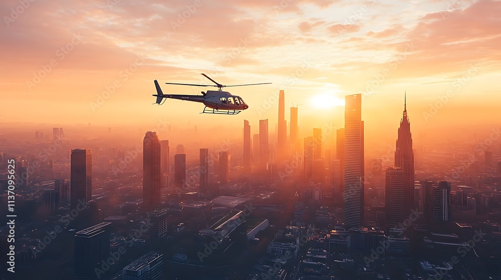 Helicopter Soaring Over Cityscape During Sunset Helicopter Soaring Over Cityscape During Sunset