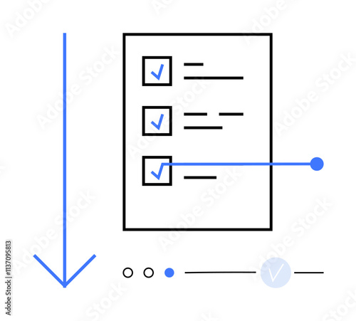 Checklist with three checked boxes, horizontal arrow, and progress dots. Ideal for project management, productivity, task completion, workflow, business strategy, goal tracking personal photo