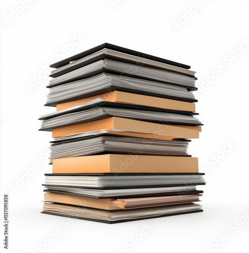 Stack of Papers and Books on a White Background