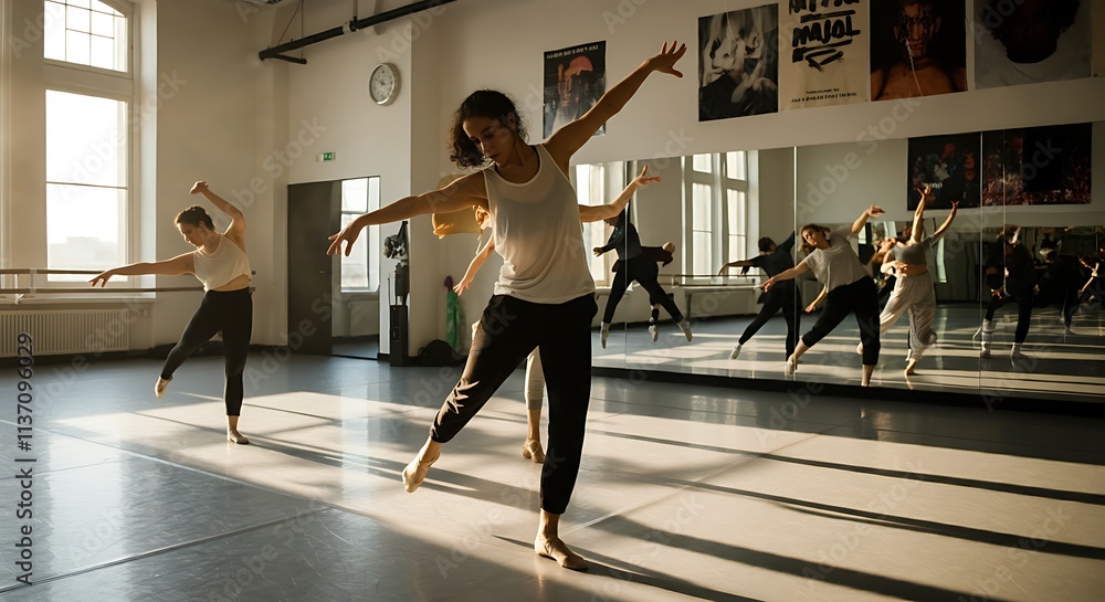 Fototapeta premium Graceful female dancer moves elegantly in a sunlit contemporary dance class. Fluid choreography fil