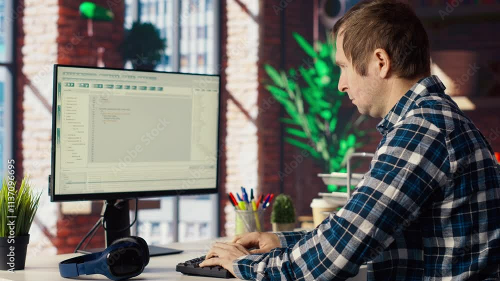 Software developer at computer coding, creating software, implementing algorithms. IT expert in home office working with code editor, building applications, optimizing performance, camera B Software developer at computer coding, creating software, implementing algorithms. IT expert in home office working with code editor, building applications, optimizing performance, camera B