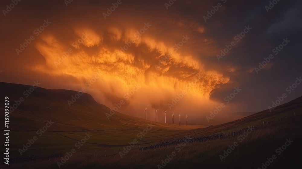 Dramatic Sunset over Wind Turbines in Rolling Hills Dramatic Sunset over Wind Turbines in Rolling Hills