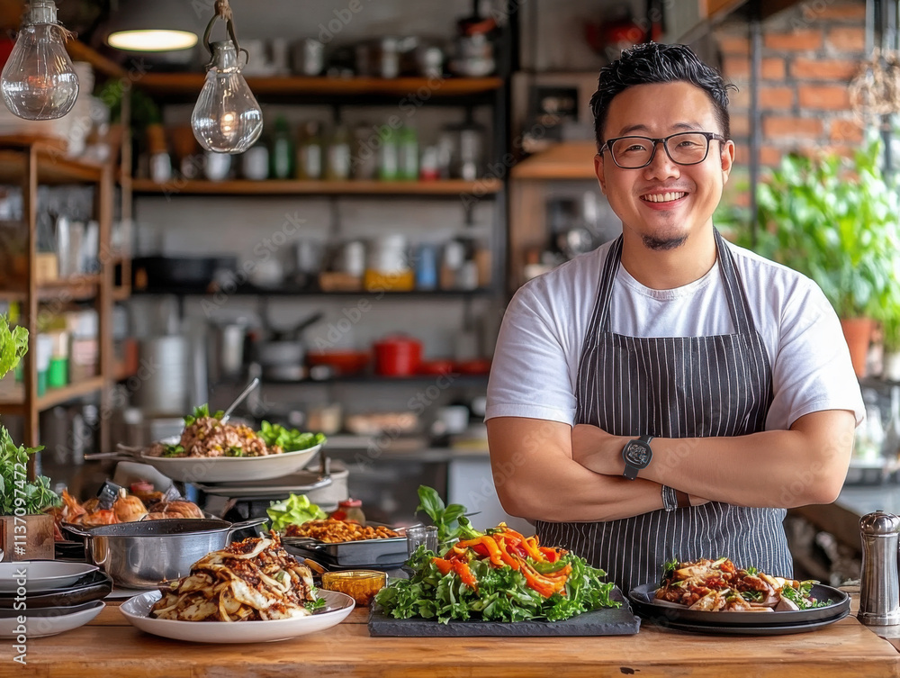 young smiling asian restaurant owner young smiling asian restaurant owner