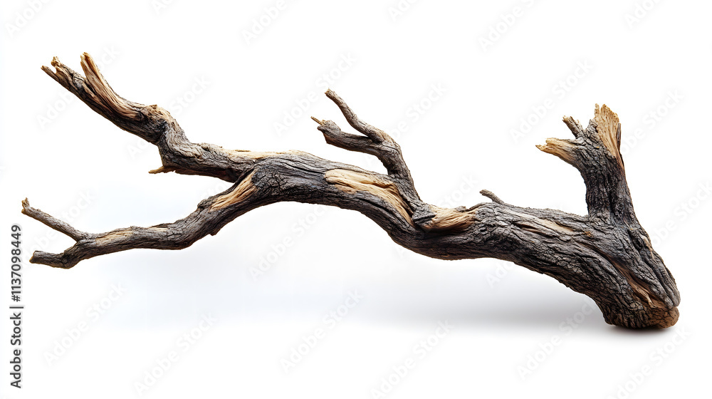 Naklejka premium Unique Driftwood Piece with Intricate Hole Patterns Isolated on White