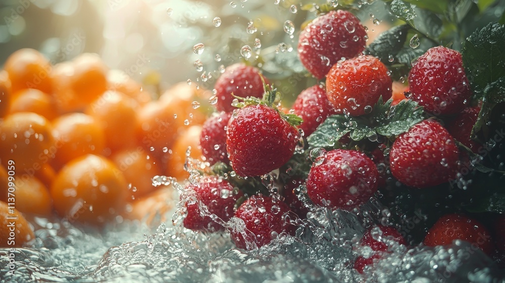 Fresh raspberries and oranges in a vibrant outdoor setting Fresh raspberries and oranges in a vibrant outdoor setting