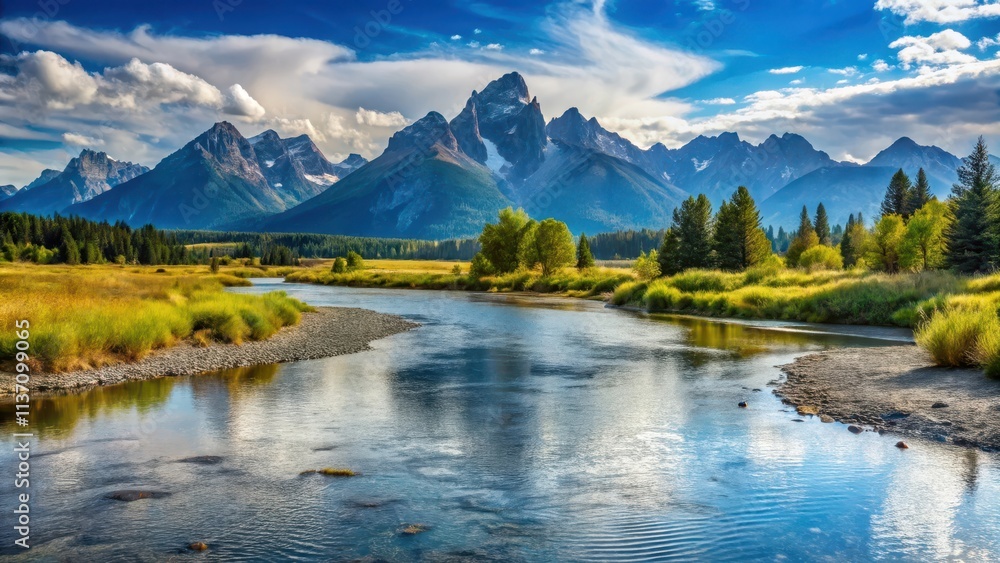 Landscape with a river and mountains in the background, landscape photography, natural scenery, outdoor spaces, scenic views Landscape with a river and mountains in the background, landscape photography, natural scenery, outdoor spaces, scenic views