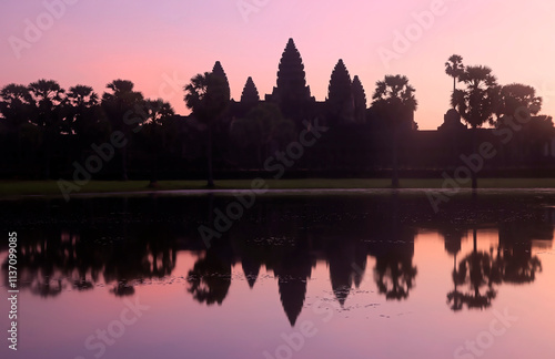 Panorama view of Angkor Wat temple at sunrise. Siem Reap, Cambodia