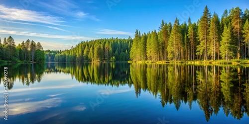 serene pine forest reflected in a calm lake on a sunny day, pine trees