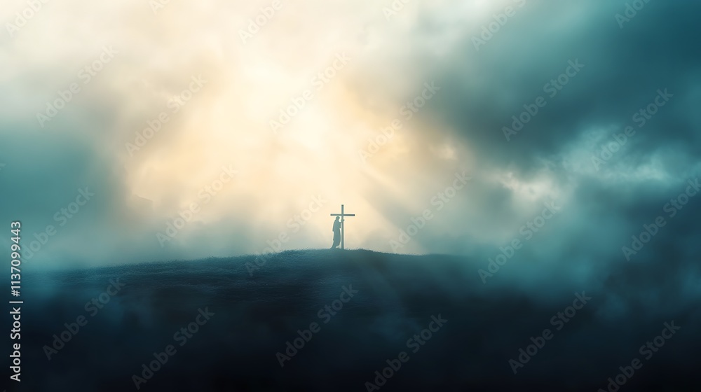 Obraz premium Solitary Figure Stands Before a Cross in Misty Landscape
