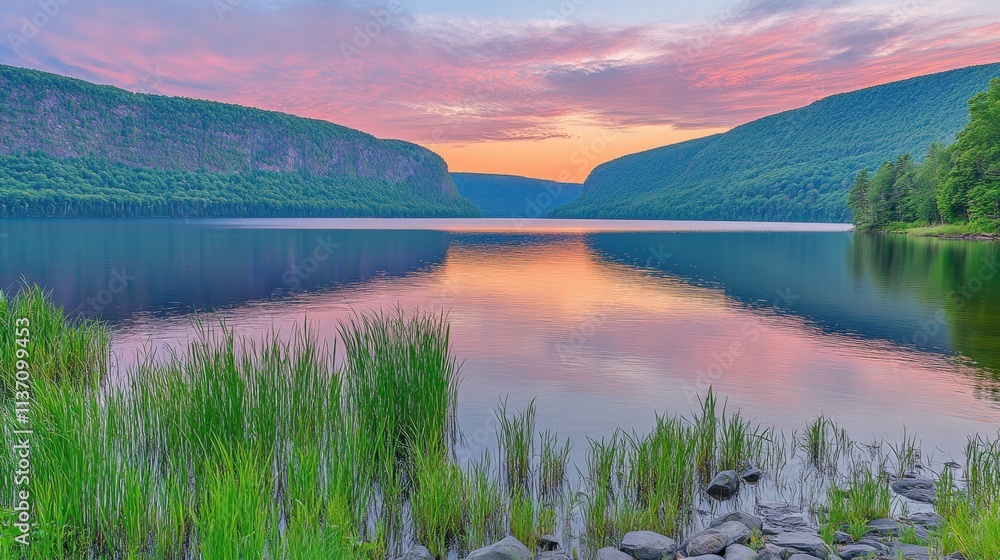 Fototapeta premium Serene Sunset over Calm Lake and Mountain Cliffs