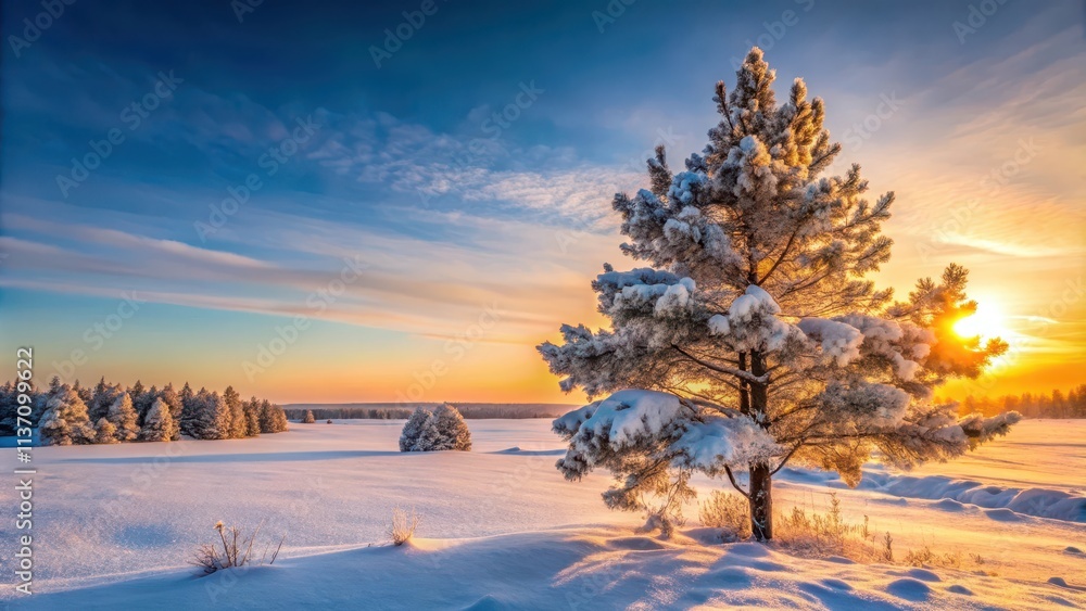 Frozen Pine Tree Landscape at Sunset, winter wonderland, snow covered pine trees Frozen Pine Tree Landscape at Sunset, winter wonderland, snow covered pine trees