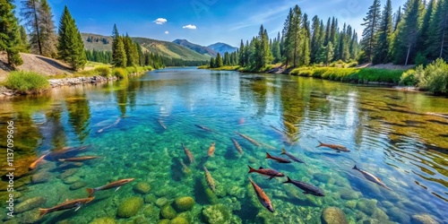 Winding river with salmon swimming in the crystal clear waters of the Stanley River Idaho, wildlife, rivers, fish