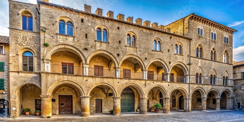 Medieval facade with Romanesque arches in Tarquinia Italy, arched gateway