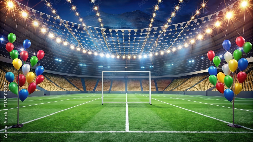 Obraz premium Football field with championship flags and balloons tied to goalposts, Football Field