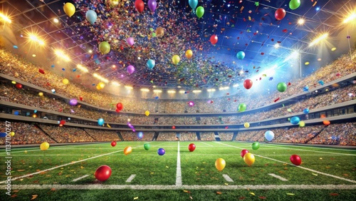 Stadium filled with confetti and balloons after a championship game, Stadium, Confetti photo