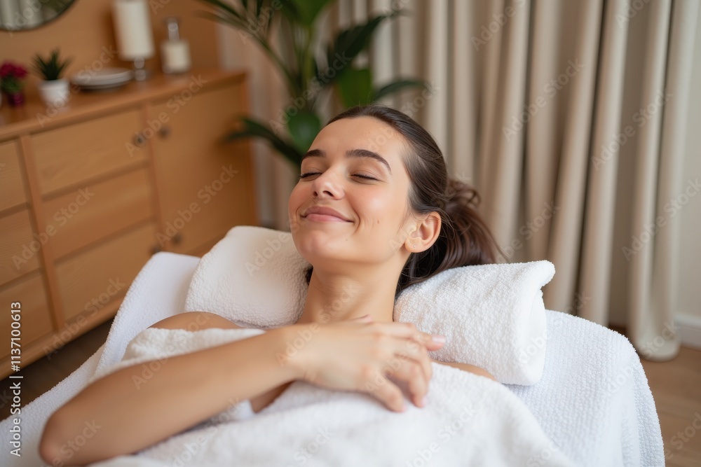 Relaxed Woman Smiling in Comfortable Bedroom Setting Perfect for Wellness and Self-Care Product Advertising Relaxed Woman Smiling in Comfortable Bedroom Setting Perfect for Wellness and Self-Care Product Advertising