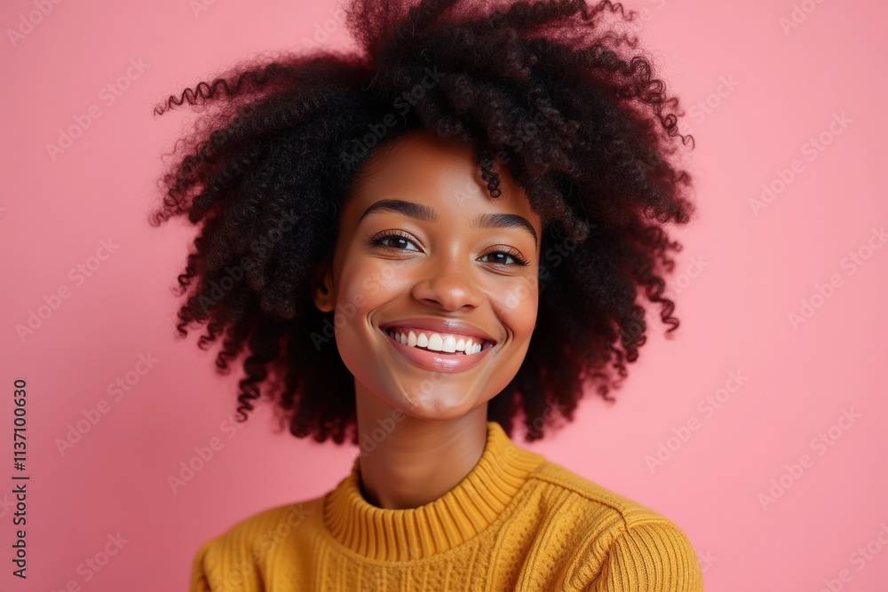 Vibrant Portrait of a Smiling Young Woman with Curly Hair against a Pink Background, Perfect for Social Media, Advertising, and Web Design Vibrant Portrait of a Smiling Young Woman with Curly Hair against a Pink Background, Perfect for Social Media, Advertising, and Web Design