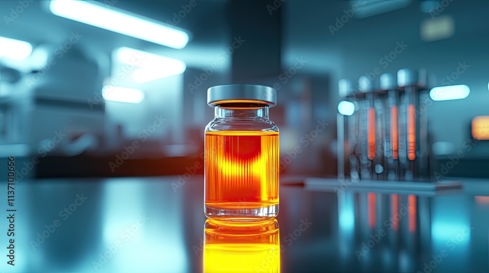 Bright Orange Liquid in Glass Vial on Laboratory Table with Blurred Background of Science Equipment and Test Tubes Glowing in a Modern Research Facility Bright Orange Liquid in Glass Vial on Laboratory Table with Blurred Background of Science Equipment and Test Tubes Glowing in a Modern Research Facility